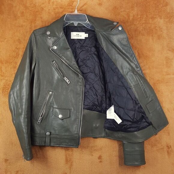 COACH Womens Jacket Small Dark Green Heavy Leather Moto Lined Biker ICON $1245 - Picture 6 of 11